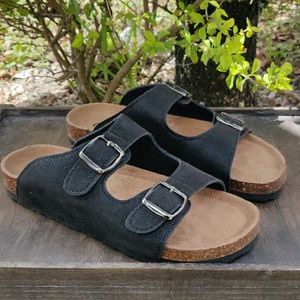 Slip On Double Strap Black Sandals Vegan Leather